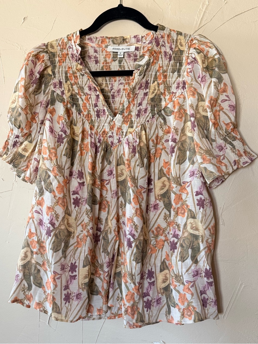 Rose & Olive Floral Smocked V-Neck Top Orange Purple green cottagecore boho